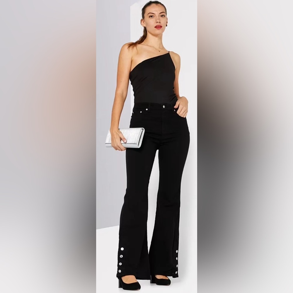 Michael Michael Kors Women Regular Fit Plain Wide Button Leg Pants, Black Sz 14